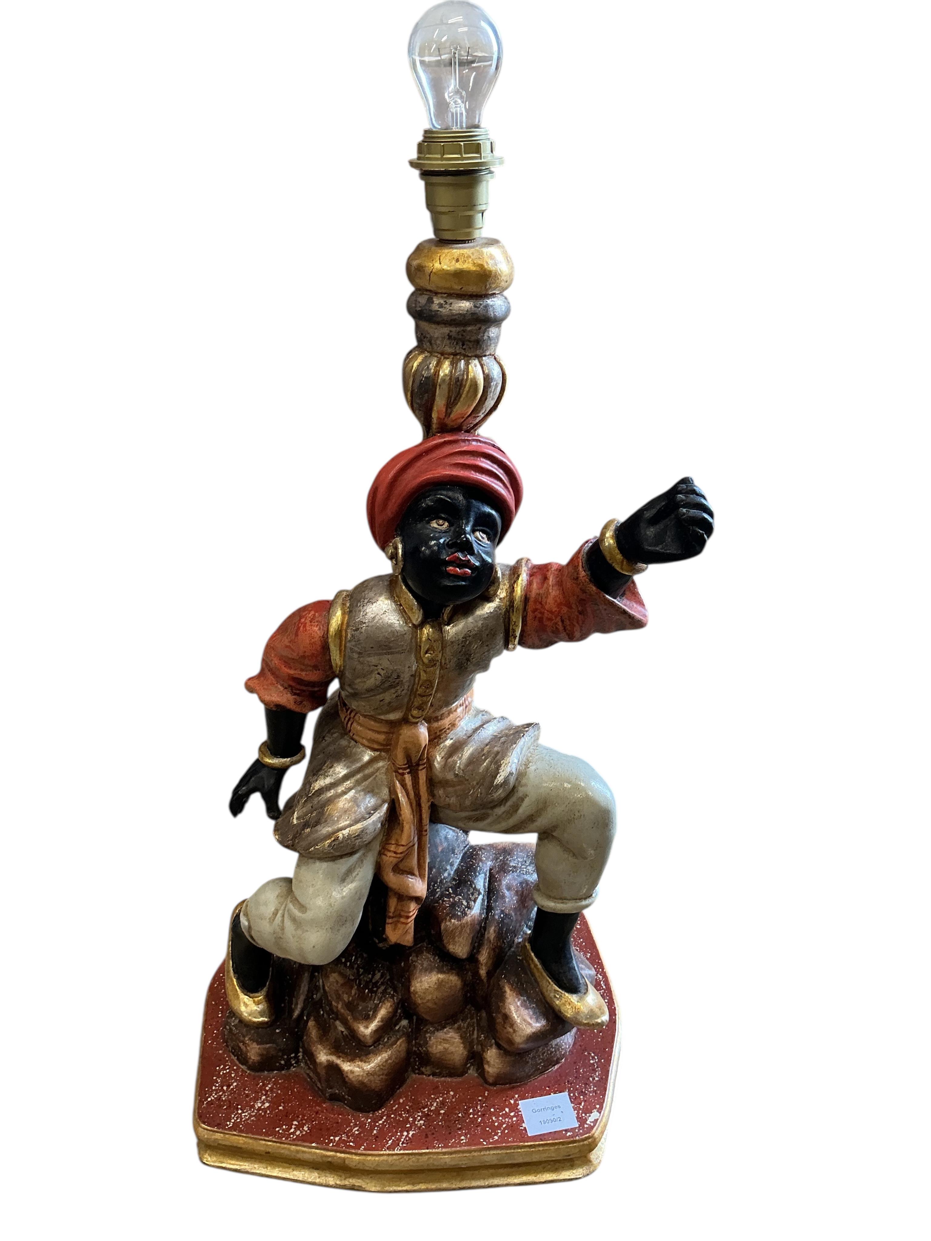 A pair of Venetian style Blackamoor table lamps, height including shades 93cm